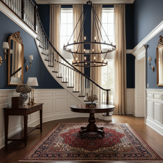 Traditional wrought-iron chandelier with tiered candle lights enhancing a grand foyer, a timeless example of classic foyer chandelier ideas
