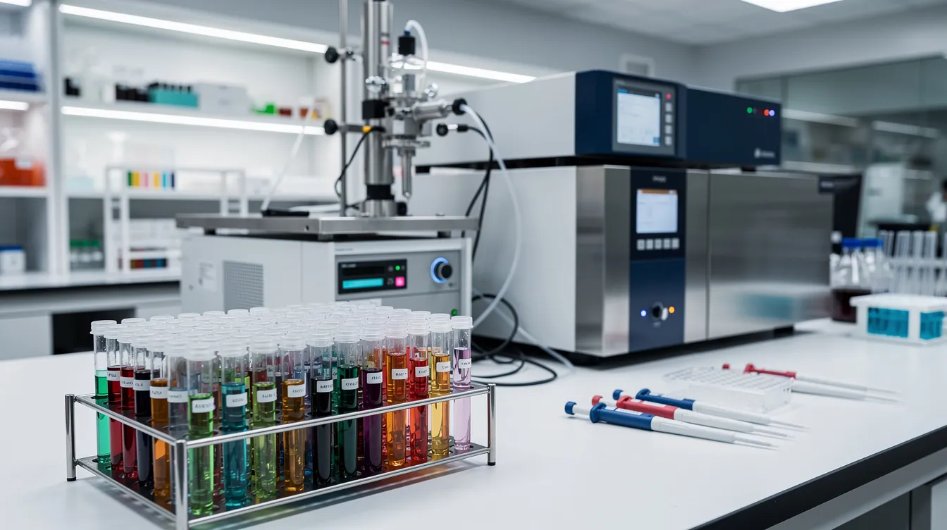 The image showcases a variety of laboratory testing equipment, including vials and advanced analytical instruments, used for research on cellular health and NAD supplements. This setup is essential for evaluating the health benefits of dietary supplements aimed at supporting healthy aging and boosting energy levels.