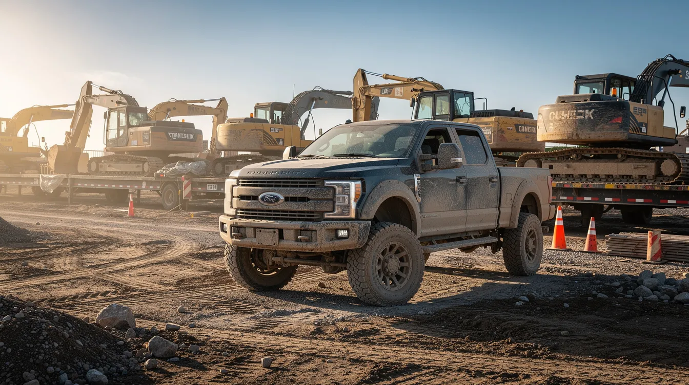 A rugged Ford F-250 pickup truck is parked at a dusty construction site, surrounded by heavy equipment trailers, showcasing its durability and strength. The scene reflects the hardworking nature of trucks like this one, often seen at dealerships and construction lots.