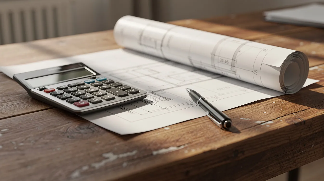 The image shows a calculator, blueprints, and a pen arranged neatly on a wooden desk, suggesting a workspace focused on real estate investing and financial planning, possibly for calculating hard money loans or assessing the costs of fix and flip projects. The items indicate preparation for evaluating loan amounts and cash flow for investment properties.