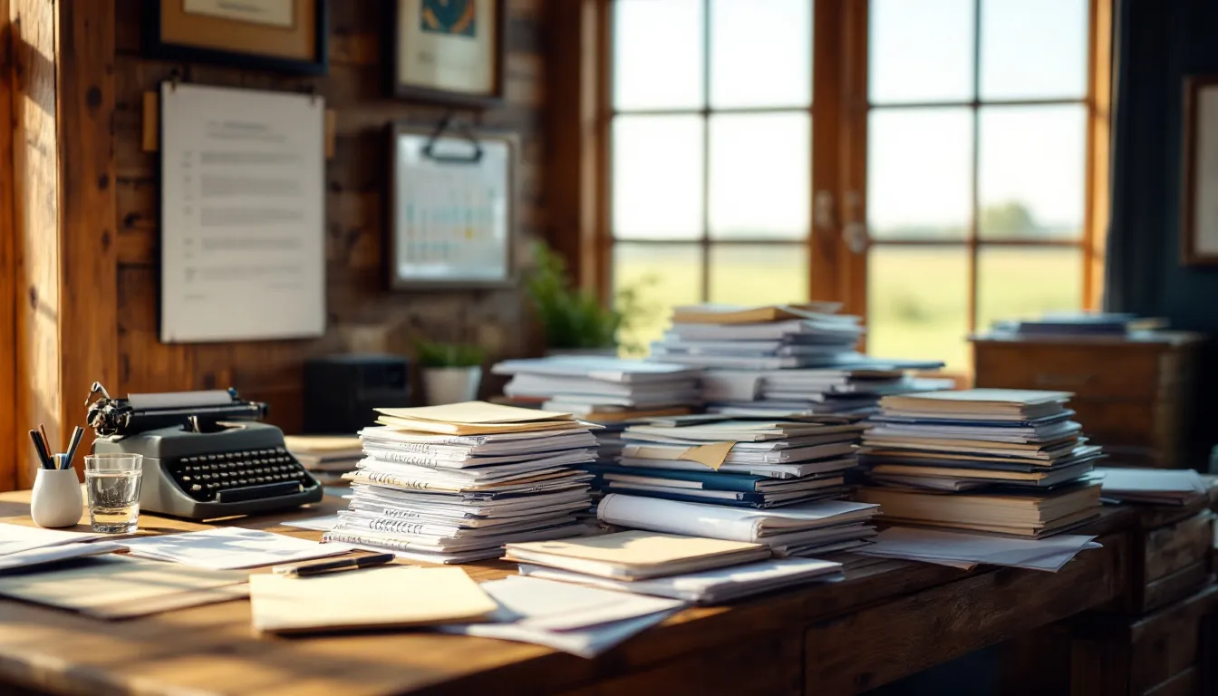 Uma mesa apresenta uma variedade de documentos organizados relacionados à propriedade rural, incluindo a declaração do ITR, o CCIR e licenças necessárias para a segurança do imóvel, evidenciando a importância da documentação adequada para a gestão de propriedades rurais.