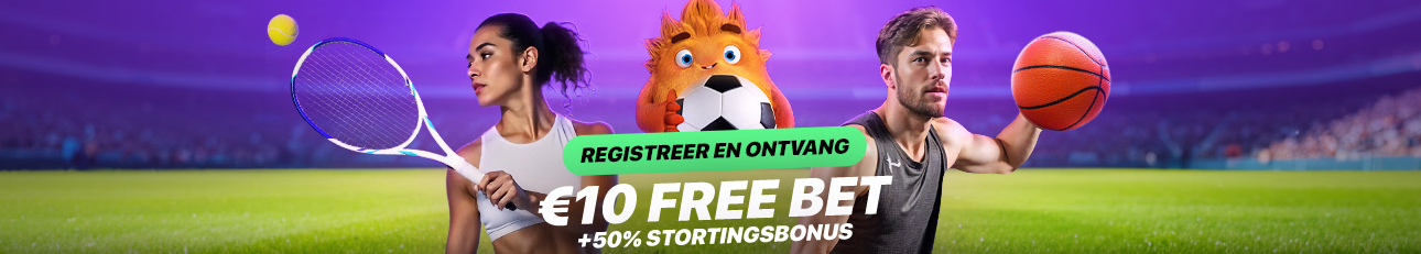 Promotiebanner voor een sportsbookbonus met de tekst “Registreer en ontvang €10 free bet +50% stortingsbonus”, met afbeeldingen van sporters die tennis en basketbal spelen op een stadionachtergrond.