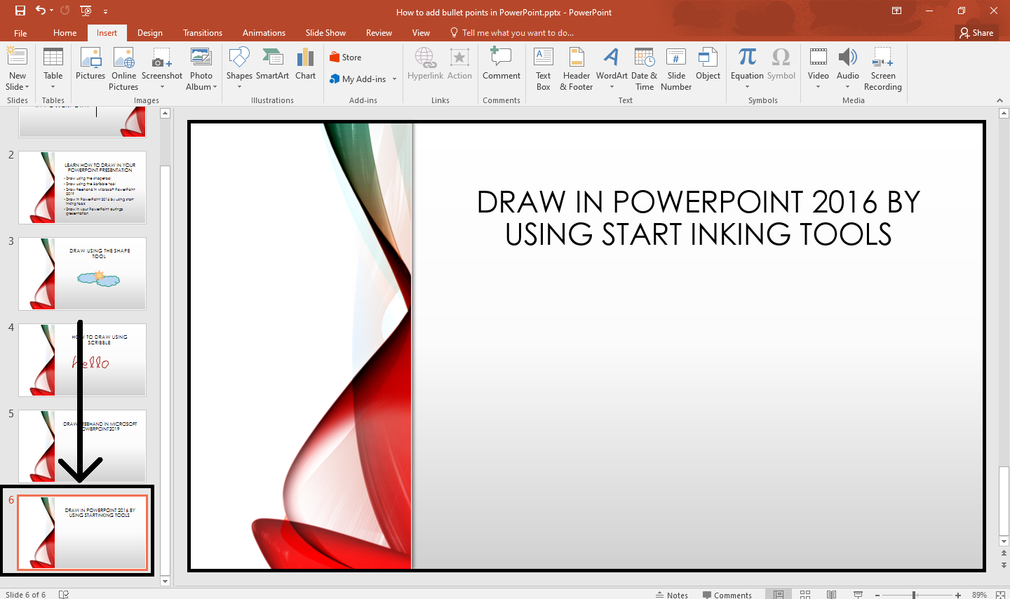 To draw in a freeform tool in PowerPoint 2016, you have to go to Review tab