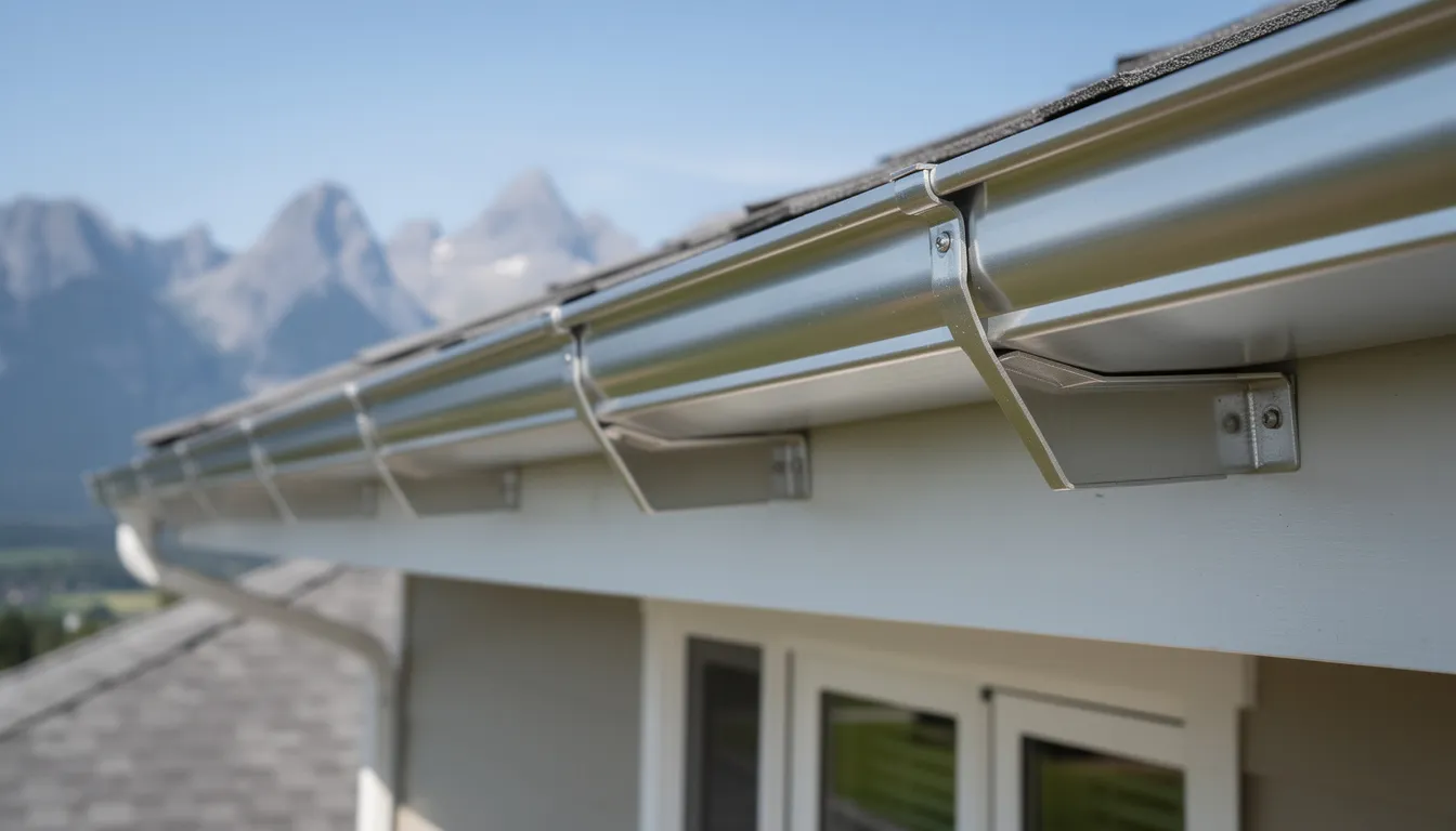 A close-up view showcases aluminum gutters installed along a residential roofline, with majestic mountains in the background. This image highlights the importance of a well-maintained gutter system for preventing water damage and ensuring proper drainage for homes in southern Colorado, particularly for Pueblo property owners.