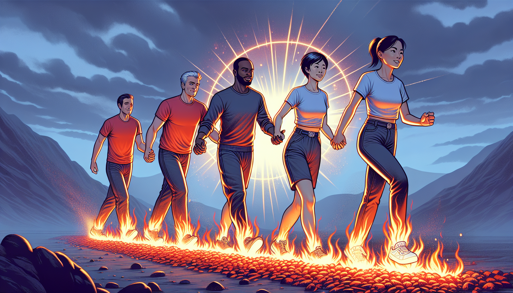 Illustration of a team participating in a firewalking activity