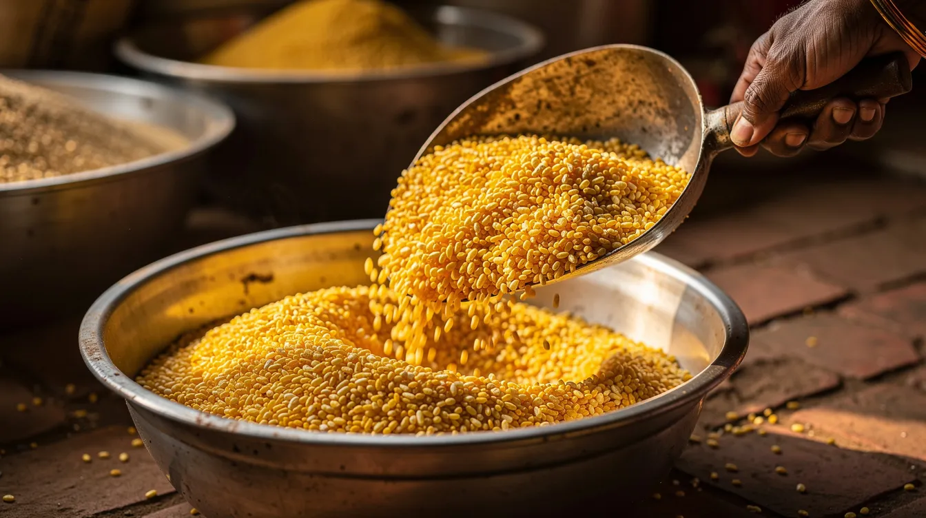 The image depicts golden puffed rice grains being scooped from a large metal bowl, showcasing a traditional Indian food processing setup that highlights the puffed rice manufacturing process. This scene reflects the vibrant food processing industry, emphasizing the popularity and profitability of puffed rice as a nutritious snack food.