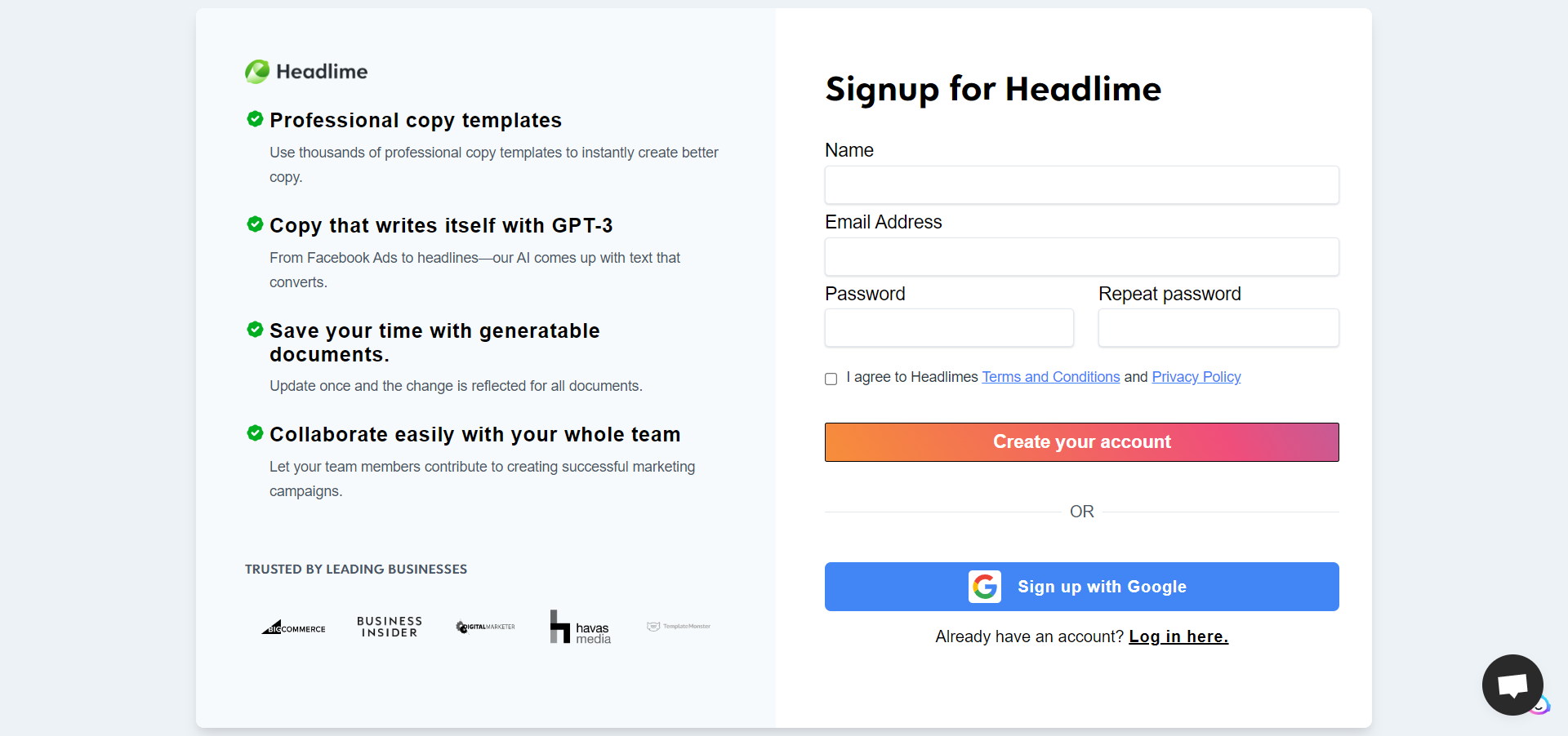 Signup for Headlime