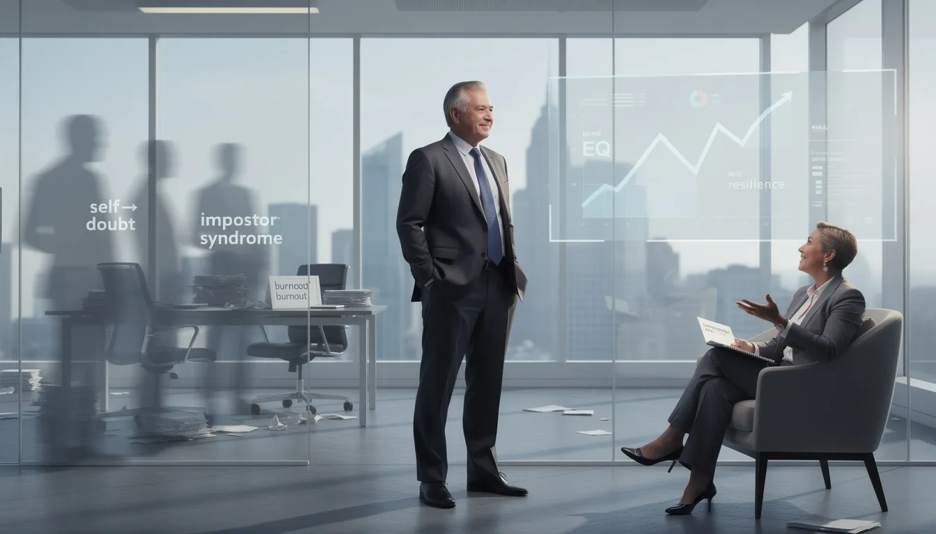 The image depicts a serene coaching session where a senior leader engages with a certified coach in a safe and supportive environment. Together, they explore personal challenges such as self-doubt and burnout, aiming to enhance the leader's emotional intelligence and resilience for improved leadership effectiveness and sustainable business outcomes.