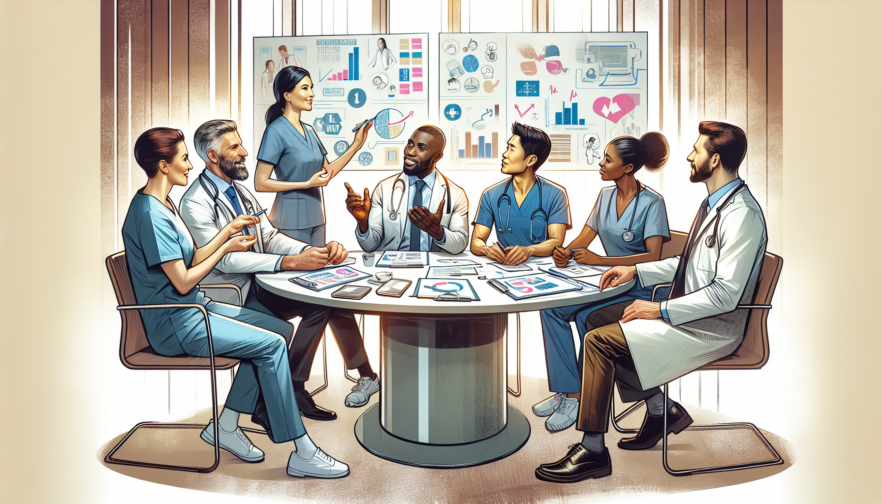 Illustration of healthcare professionals discussing marketing strategies