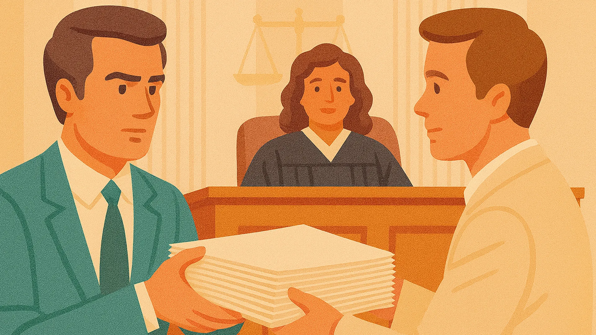 Lawyer handing over documents in response to a subpoena order during a deposition