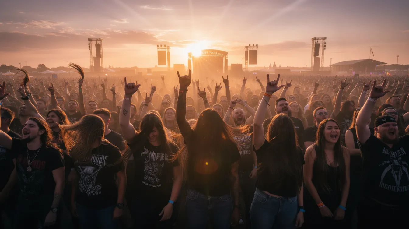 Eine große Menschenmenge headbangt begeistert auf einem Open-Air-Festival bei Sonnenuntergang, während Staubwolken in der warmen Luft aufwirbeln. Die Atmosphäre ist elektrisierend und erinnert an die Energie von Heavy Metal Bands, die das Publikum mit ihren kraftvollen Klängen mitreißen.