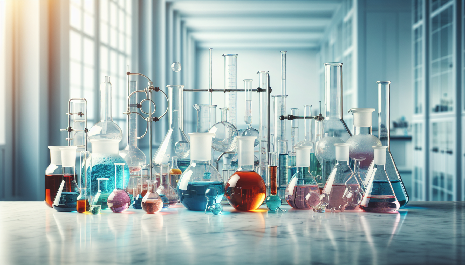 Various types of laboratory glassware including beakers, flasks, bottles, and graduated cylinders