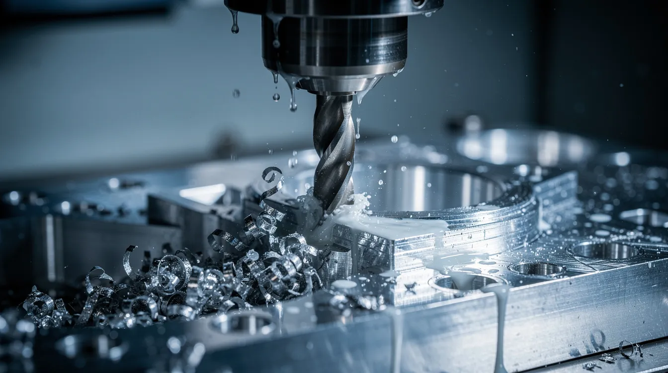 A close-up view of a CNC milling machine actively cutting a precision aluminum part, with coolant visibly flowing to maintain optimal temperature during the machining process. This image highlights the importance of selecting the right CNC machining materials, such as aluminum alloys, for achieving high precision in manufacturing components.