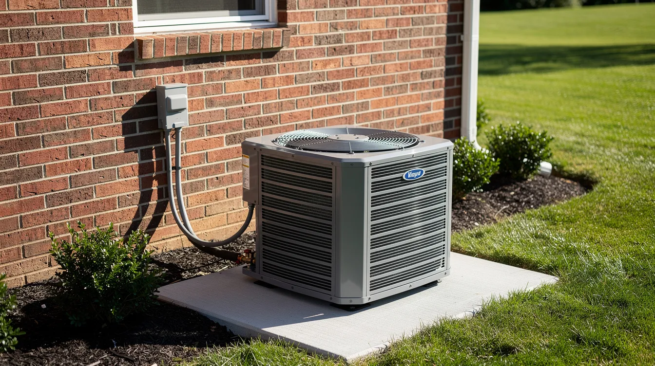 A residential outdoor air conditioning unit, part of a central air conditioning system, is positioned on a concrete pad next to a brick house, basking in the sunlight on a clear day. This outdoor unit is essential for providing cool air and maintaining the desired temperature indoors.