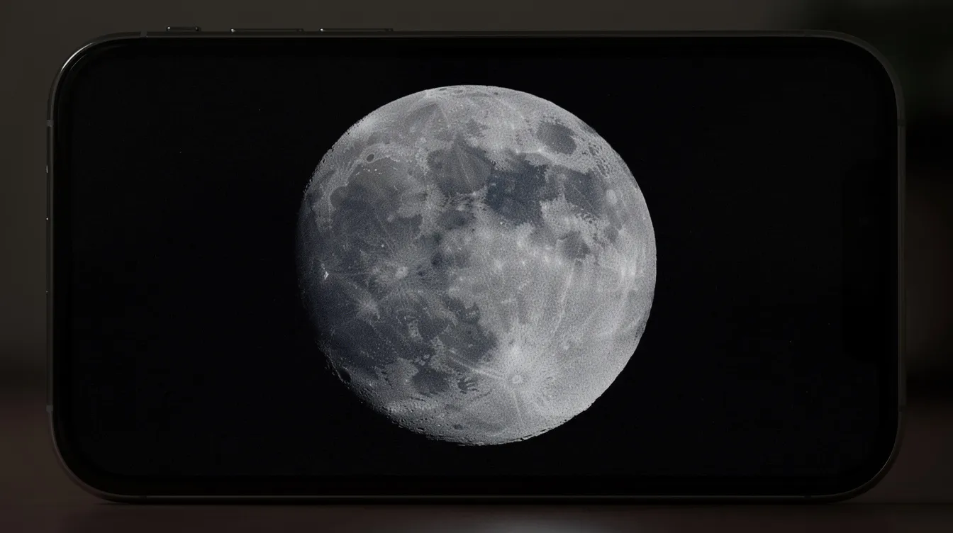 Nahaufnahme eines iPhone-Displays, das den Mond bei Nacht zeigt, mit deutlich sichtbaren Kratern auf der Mondoberfläche. Die Aufnahme vermittelt einen eindrucksvollen Blick auf die Details des Erdtrabanten und verdeutlicht die Möglichkeiten der Smartphone-Fotografie.