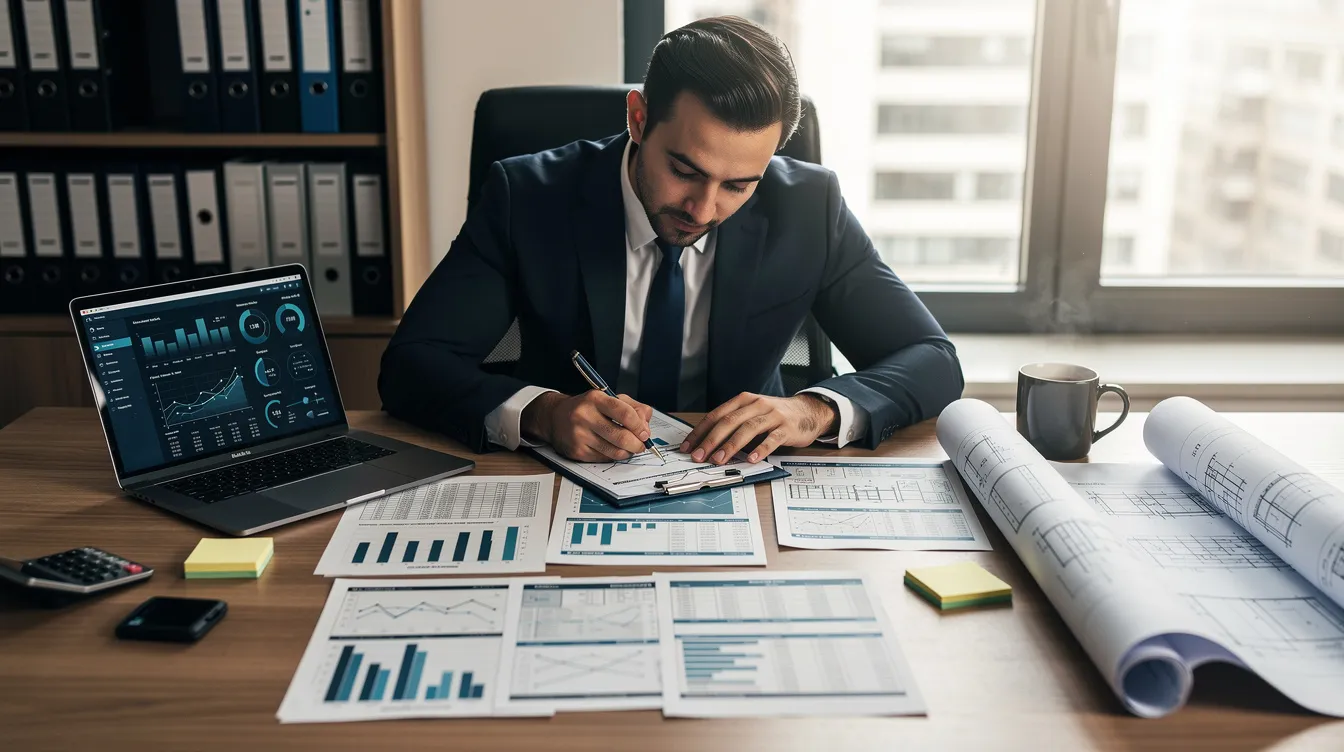 758be3e2 79e9 4bab 8f6a 3c7df5434f9d An entrepreneur is seated at a desk, meticulously reviewing financial documents and project reports while surrounded by industrial blueprints, reflecting on various business ideas and market trends essential for developing a comprehensive business plan. This scene captures the essence of strategic planning in a manufacturing business, emphasizing the importance of thorough research and understanding market demand for a successful venture.