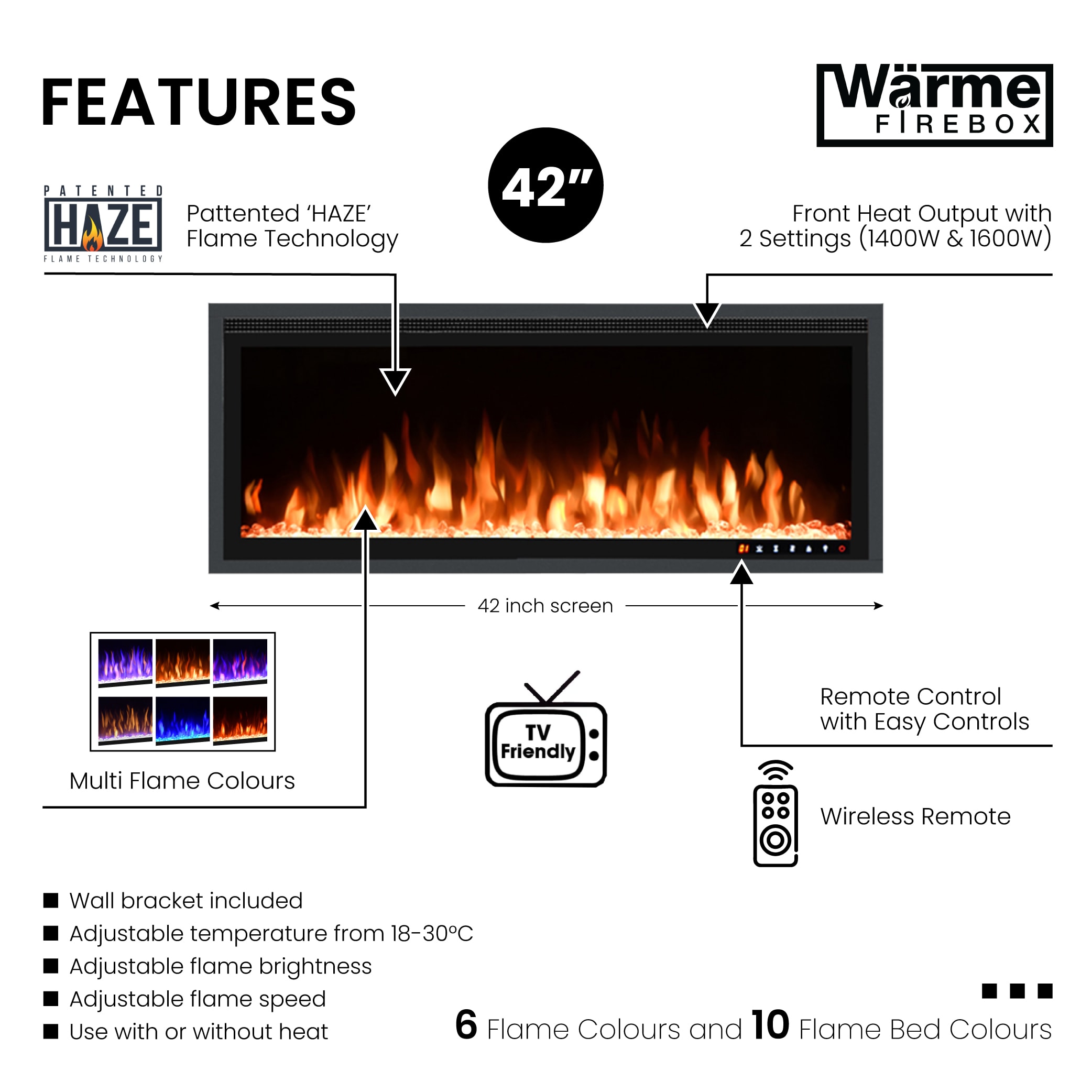 A modern illustration of the Wärme Panoramic Firebox 42 showcasing its brushed steel design and frameless edge.