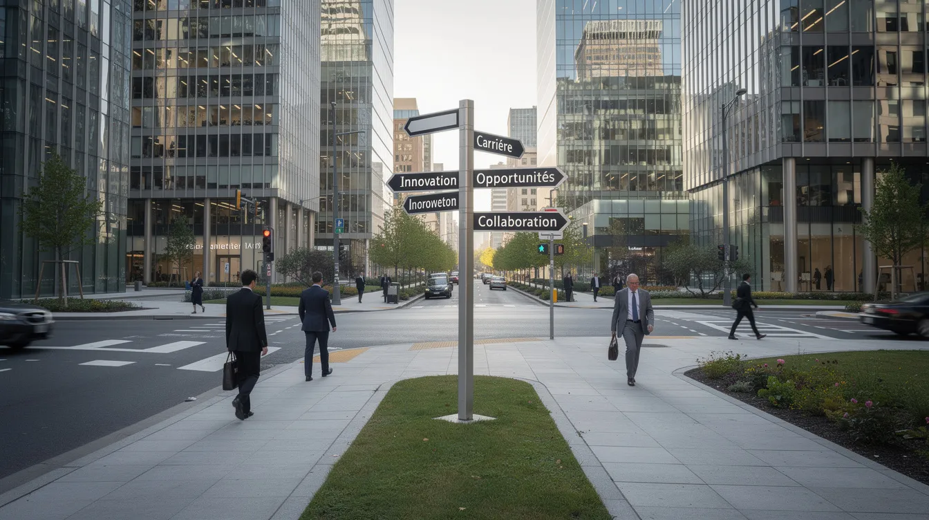 L'image montre un carrefour dans un paysage urbain professionnel, où plusieurs chemins se croisent, symbolisant les différentes décisions et styles de leadership que l'on peut adopter dans le développement personnel et le management. Ce carrefour invite à réfléchir sur le type de leader que l'on souhaite devenir, en tenant compte des forces et des comportements adaptés à chaque situation.