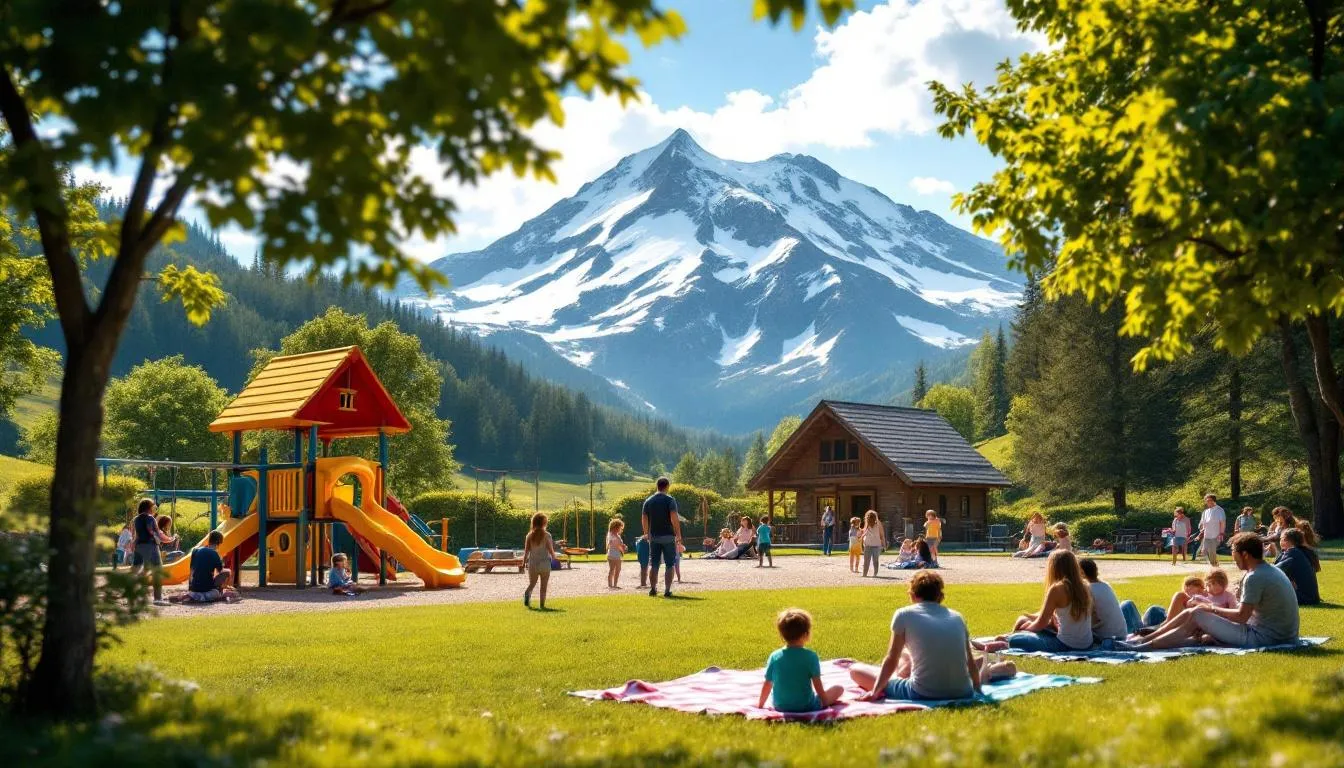 The image depicts a vibrant children's playground area filled with families enjoying various outdoor activities, set against a stunning mountain backdrop, likely near the Brian Head Ski Resort. Nearby, the Cedar Breaks Lodge offers amenities such as an indoor pool and on-site restaurant, making it an ideal spot for family vacations.