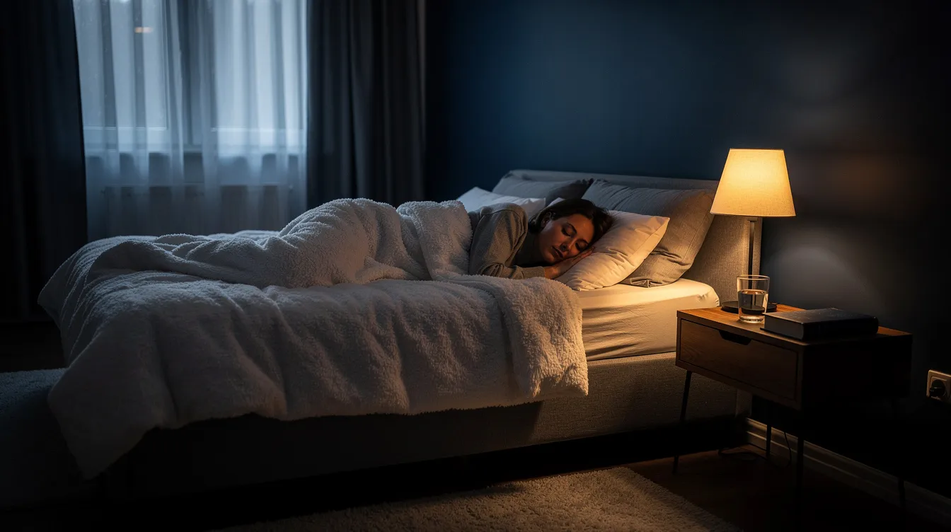 A person is sleeping peacefully in a dark, comfortable bedroom, surrounded by a serene atmosphere that promotes quality sleep, essential for maintaining cardiovascular health and reducing the risk of sleep disorders like sleep apnea. The scene emphasizes the importance of a full night&rsquo;s sleep for overall well-being and heart health.