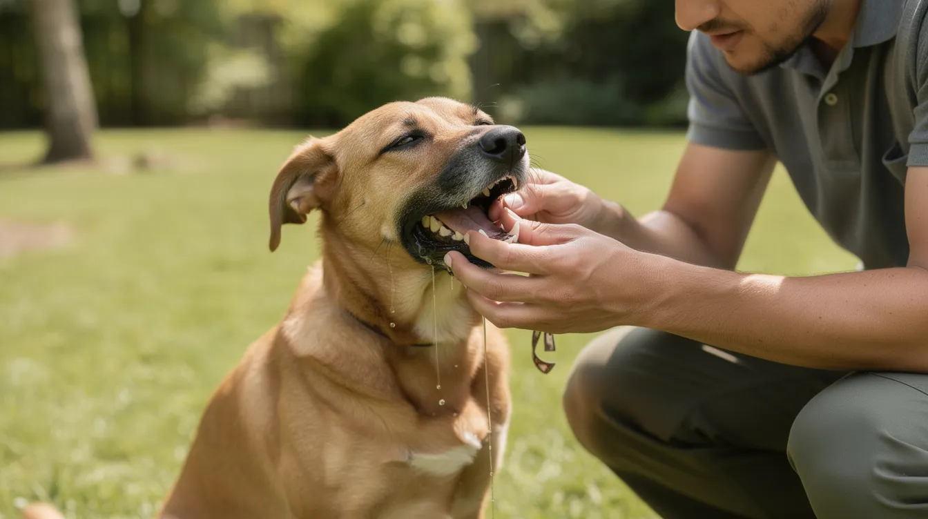 A medium-sized dog is outdoors, drooling excessively while its owner inspects its mouth for any signs of toad toxin exposure, possibly from an encounter with a cane toad. The scene highlights the importance of pet owners seeking veterinary advice when their pets show clinical signs of toad poisoning.