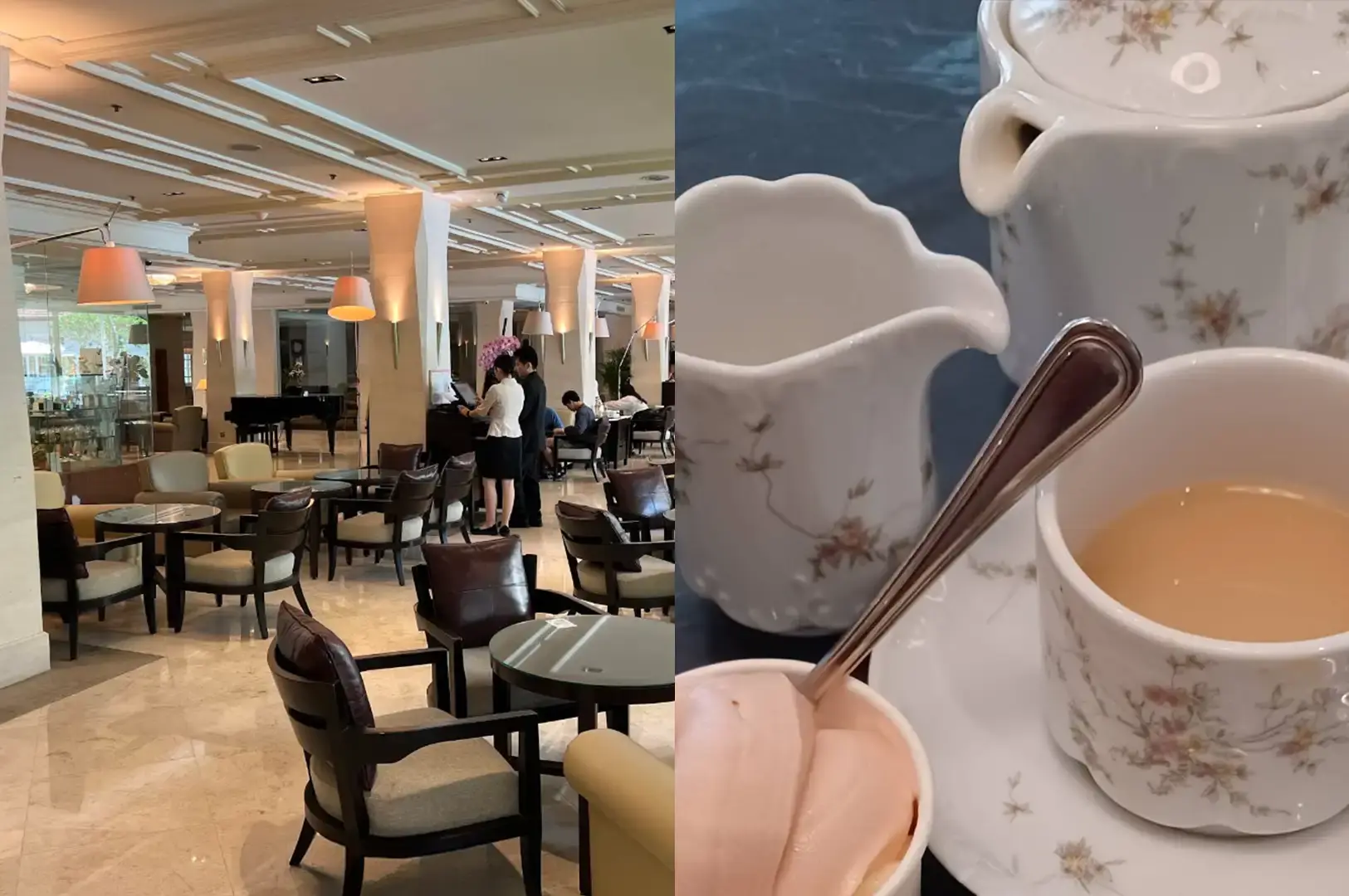 A split-screen image showcasing a grand hotel lobby lounge on the left with tall white pillars, comfortable leather armchairs, and a grand piano, paired on the right with a close-up table setting featuring a floral-patterned teacup filled with milk tea, a porcelain milk creamer, a teapot, and a small tub of pink cream.