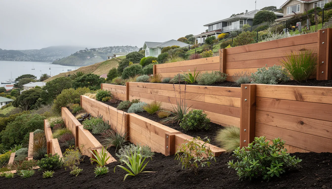 The image depicts a timber retaining wall that forms garden terraces on a hillside property in Wellington, showcasing a well-designed outdoor space filled with native plants. This landscaping project highlights the area's natural beauty and is tailored to thrive in Wellington's climate while promoting local biodiversity.