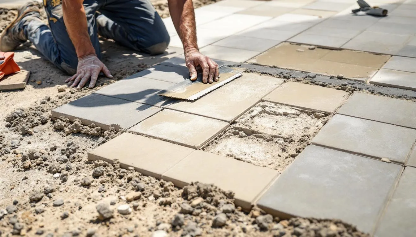 The image depicts a professional installation of outdoor porcelain tiles, showcasing the meticulous substrate preparation and precise laying technique necessary for creating a durable and low-maintenance patio space. Various colors and styles of the outdoor tiles are visible, highlighting their suitability for gardens and walkways.