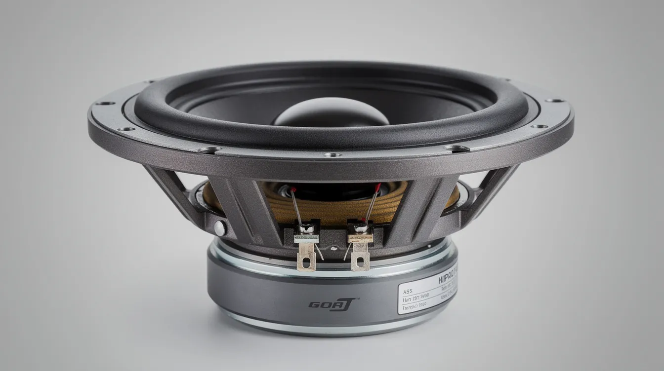 This close-up image showcases a subwoofer driver, highlighting its cone, surround, dust cap, and magnet assembly, essential components for producing deep bass tones and low frequency sounds. The intricate design of the speaker cone and voice coil plays a crucial role in enhancing sound quality and delivering accurate bass in audio systems.