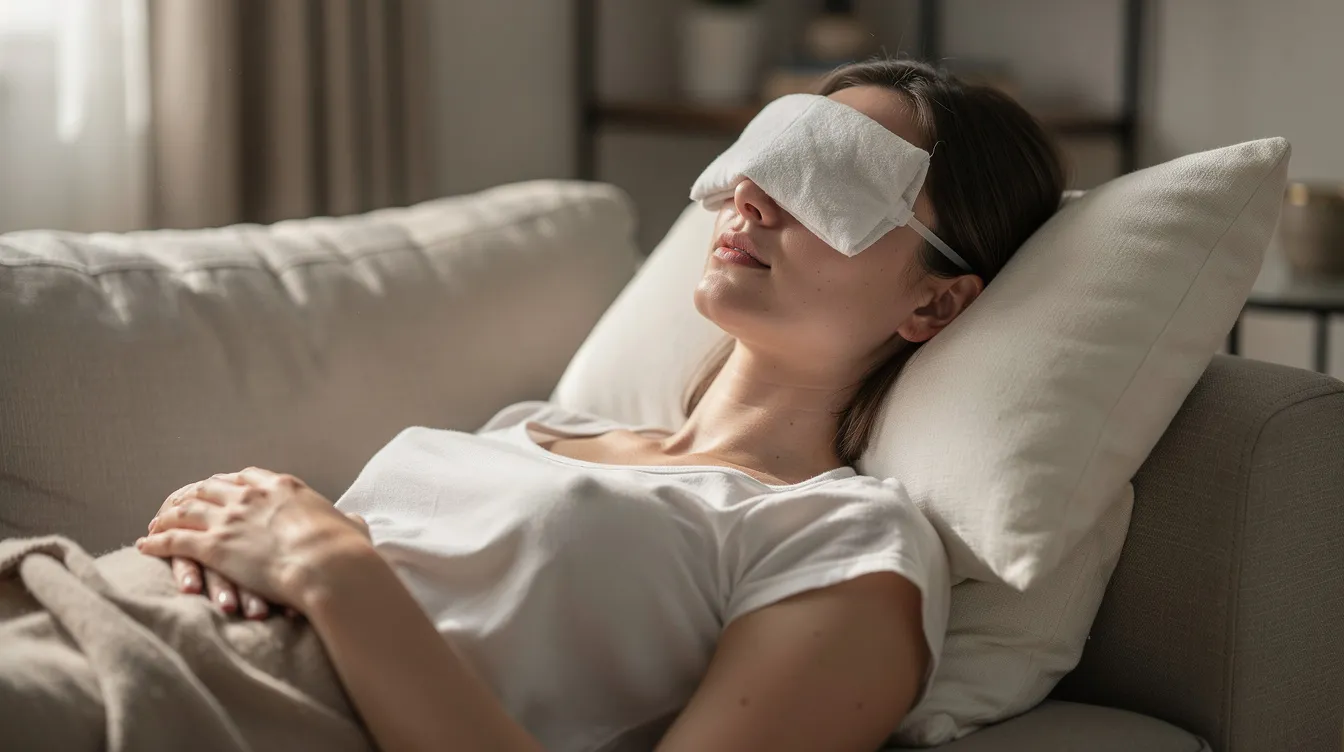 A person is reclining comfortably with a cool compress resting on their closed eyes, suggesting a soothing recovery after a lower blepharoplasty procedure. This image symbolizes the support and care provided during the journey of facial fat grafting and fat transfer, where individual results may vary.