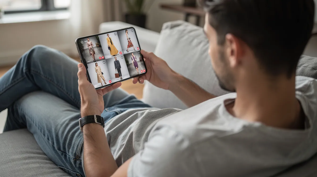 A person is scrolling through vibrant fashion content on their smartphone, exploring the latest trends and styles in the fashion world. The screen showcases images of high fashion, street style, and upcoming trends from various fashion brands and influencers, reflecting the dynamic nature of the fashion industry.
