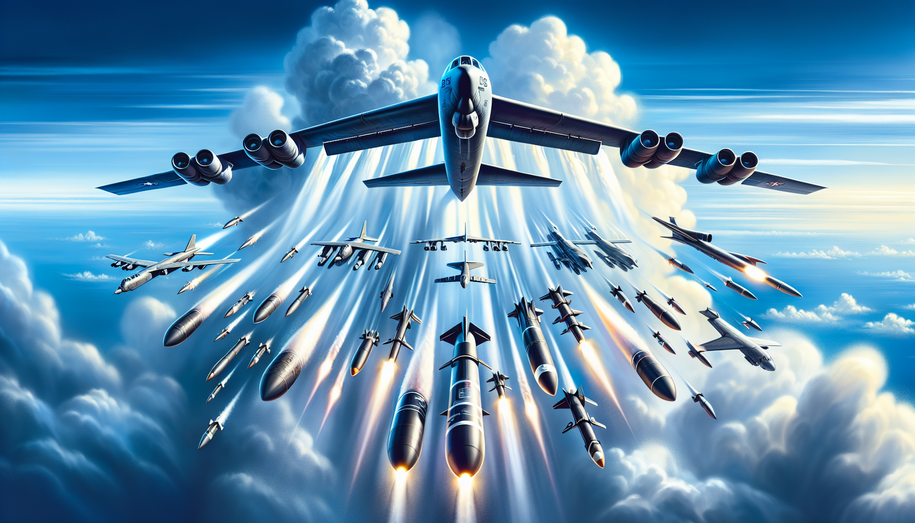 An illustration showing the weapons payload and capabilities of the B-52 Bomber.