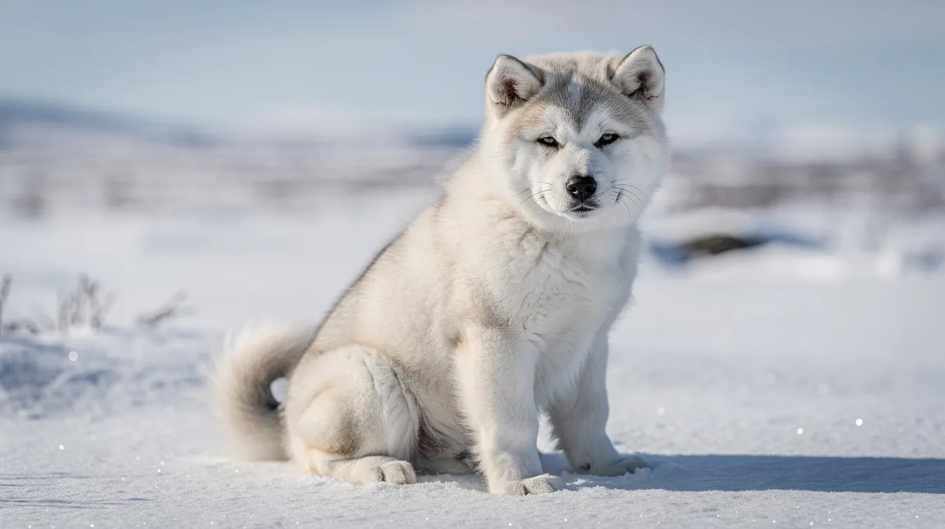 A playful Canadian Eskimo Dog puppy is shown, featuring a thick coat of fur that is predominantly white with black markings. Its wolf-like appearance is highlighted by triangular ears and a thick neck, embodying the characteristics of this rare breed known for its history as a working dog in harsh Arctic conditions.