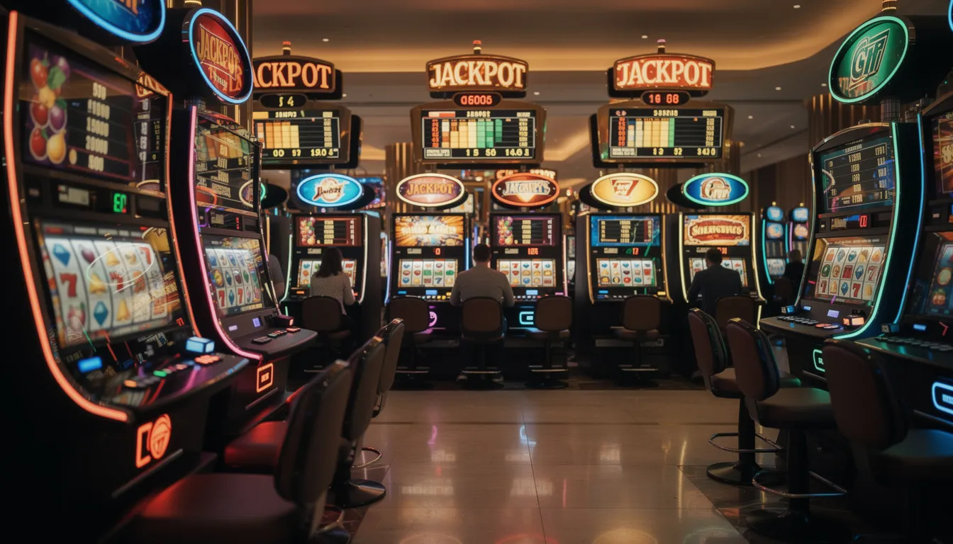 Bildbeskrivning: En samling av färgglada spelautomater på ett casino, med tydliga jackpott-indikatorer som blinkar. Dessa slots, inklusive populära titlar som "Book of Dead", erbjuder spelare möjlighet att spela hos nano casino och delta i spännande spelupplevelser.