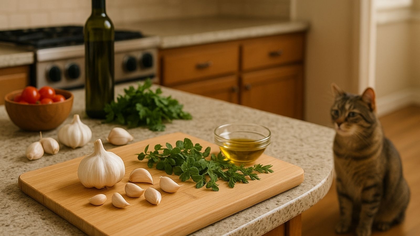 A tabby cat watching garlic, herbs, and olive oil on a kitchen counter.