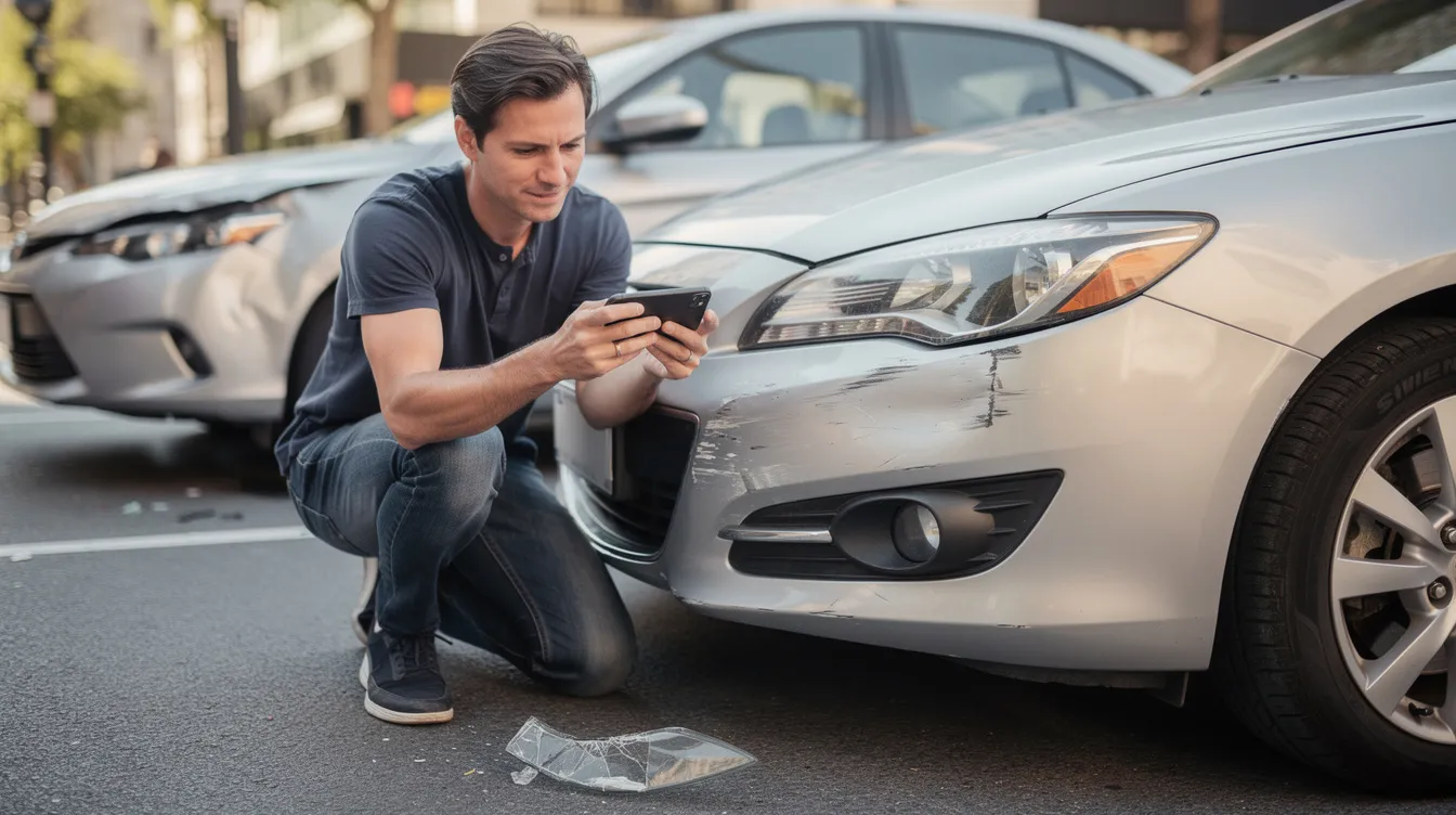 A person is taking a photograph of the damage to their vehicle using a smartphone after a car accident. The scene captures the aftermath of the collision, highlighting the need for proper documentation for insurance claims and potential legal representation in Colorado.