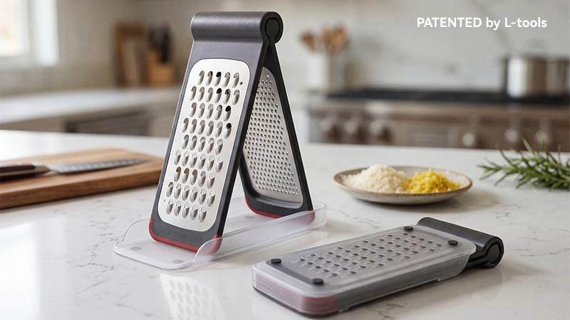 A-frame foldable grater with food-container base.