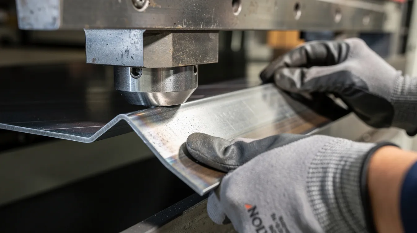A close-up view of a CNC press brake machine in action, bending a sheet metal piece into a precise right angle, with the operator's gloved hands carefully guiding the mild steel workpiece. The image highlights the intricate bending process, showcasing the bending force applied to achieve tight tolerances and the desired bend angle.