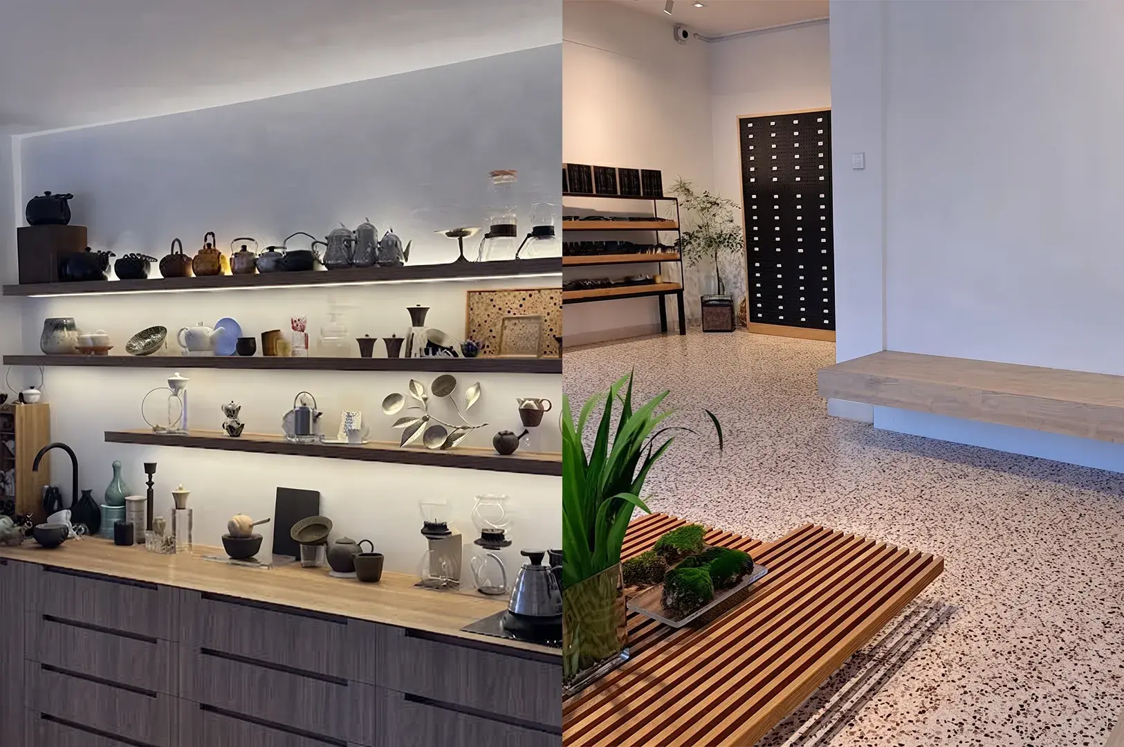 Split-screen view showing a teahouse kitchen counter with back-lit teaware display shelves alongside a minimal lounge interior with terrazzo flooring.