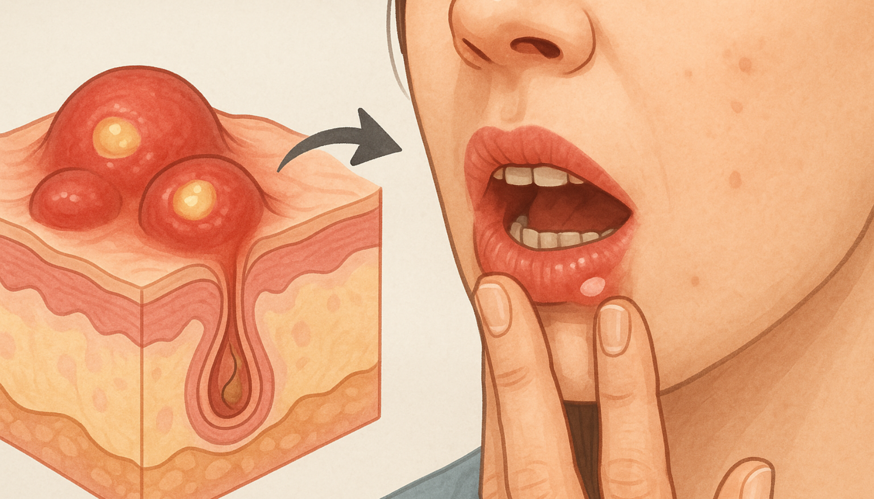 Illustrasjon viser hudknuter ved hidradenitis suppurativa koblet til munnsår, som symboliserer sammenheng mellom hudsykdom og tannhelse.