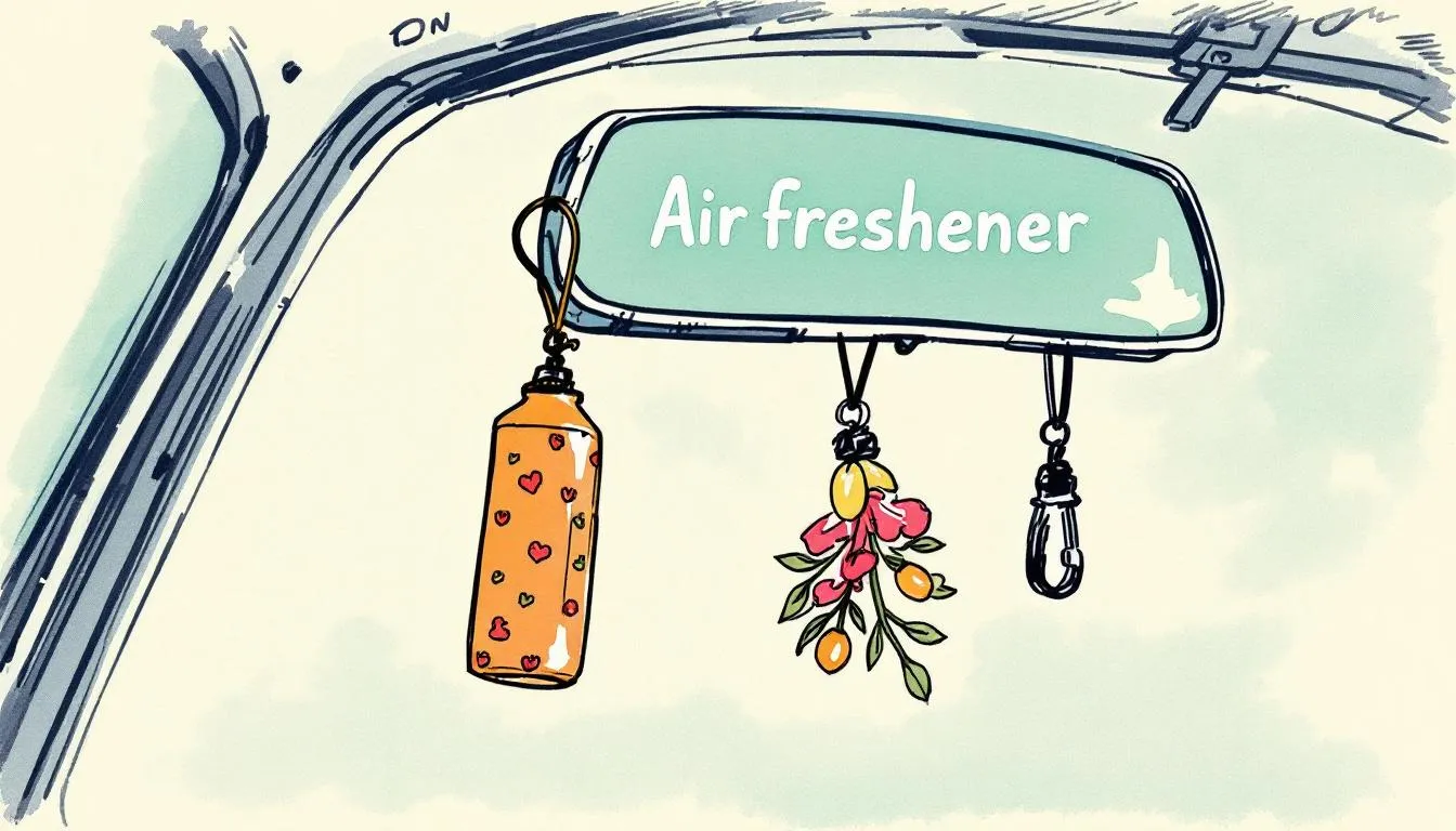 An air freshener hanging in a car, representing a solution to eliminate smoke smell.