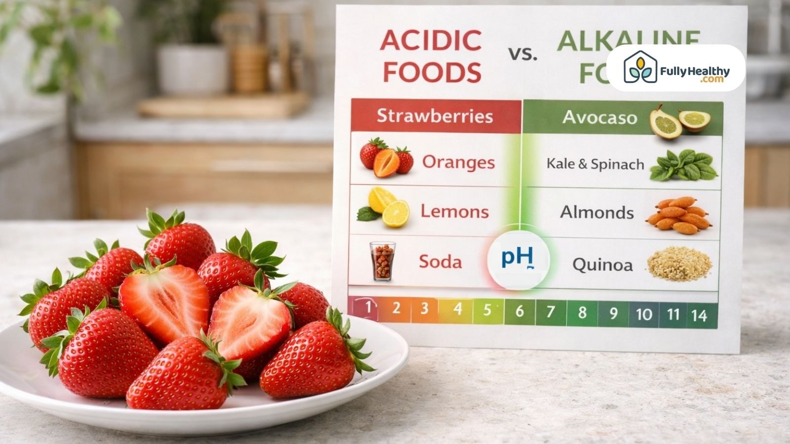 Plate of strawberries beside chart comparing acidic and alkaline foods
