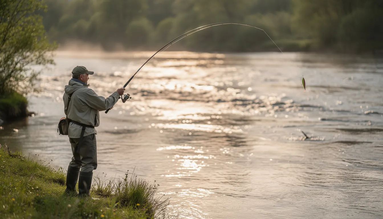 Na zdjęciu wędkarz rzuca przynętę spinningową nad rzeką, koncentrując się na technice wędkowania. W tle widać spokojną wodę i zieleń otaczających drzew, co tworzy malowniczy krajobraz do łowienia ryb.