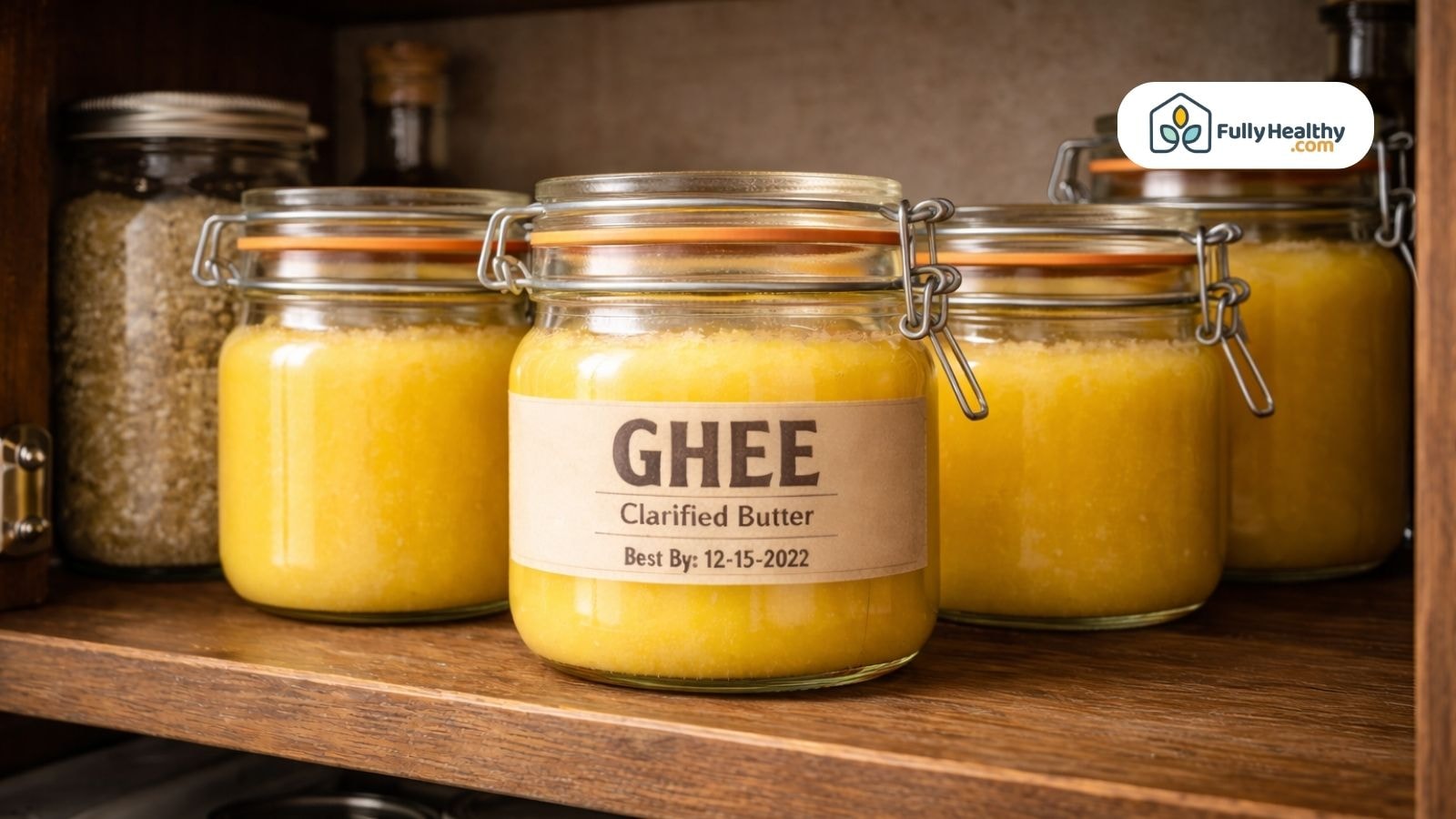 Multiple sealed ghee jars stored on wooden pantry shelf