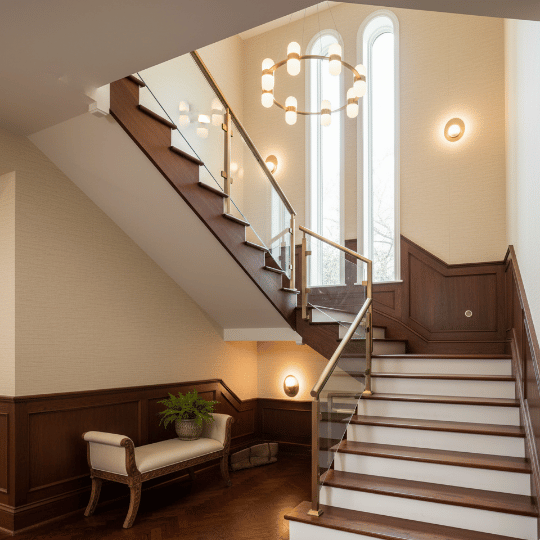 A modern ring chandelier hangs in front of tall arched windows, casting a warm glow over the wooden staircase and landing area. Wall sconces and soft accent lighting enhance the cozy atmosphere, creating a welcoming example of small staircase lighting ideas.