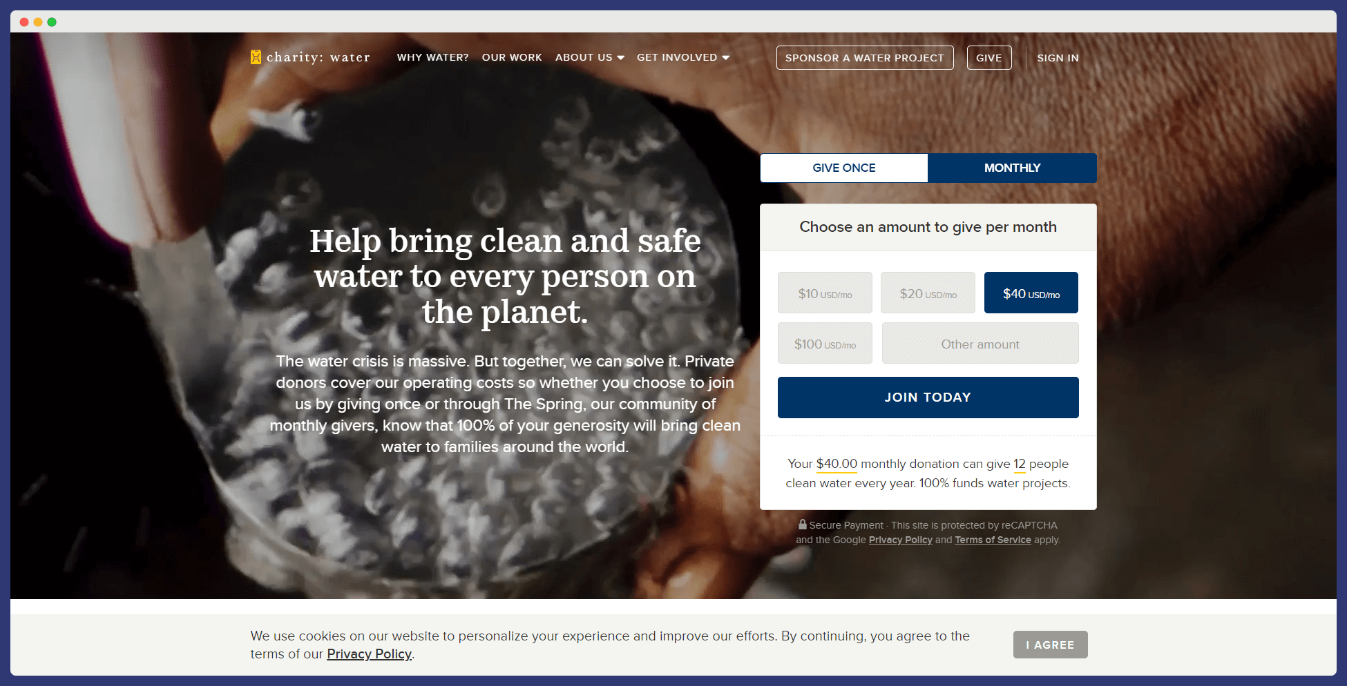 charity: water website's homepage