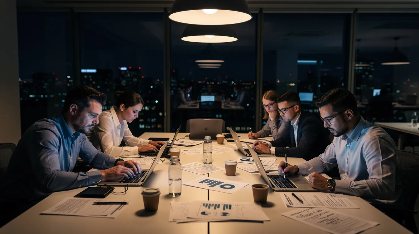 A team of professionals is working late at night, focused on laptops and documents, as they analyze data and implement real-time data integration strategies. The atmosphere is intense, reflecting their commitment to ensuring high-quality data and operational efficiency across multiple systems.