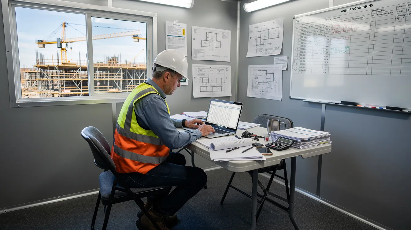A contractor sits in a construction site office trailer, focused on reviewing financial documents on a laptop, which may include project costs and cash flow details essential for managing current and future projects within the construction industry. The setting reflects the contractor's role in ensuring financial stability and effective backlog management for their construction company.