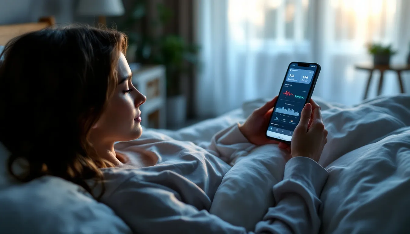 A person is lying in bed early in the morning, checking recovery data related to their sleep on a smartphone, likely monitoring their airway pressure from a CPAP or BiPAP device to ensure their airways are open and breathing is effective. The scene reflects a focus on health and recovery, emphasizing the importance of proper sleep management for individuals dealing with obstructive sleep apnea.