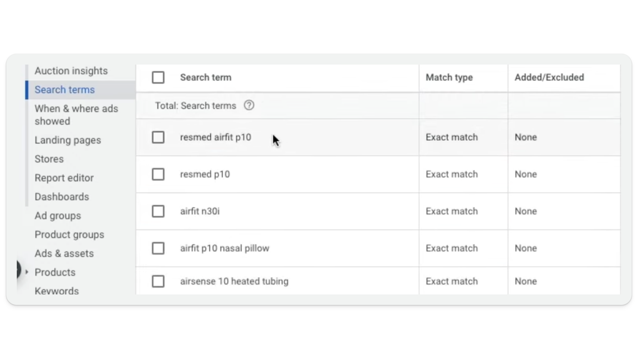 Search terms from a Google Shopping ads product campaign